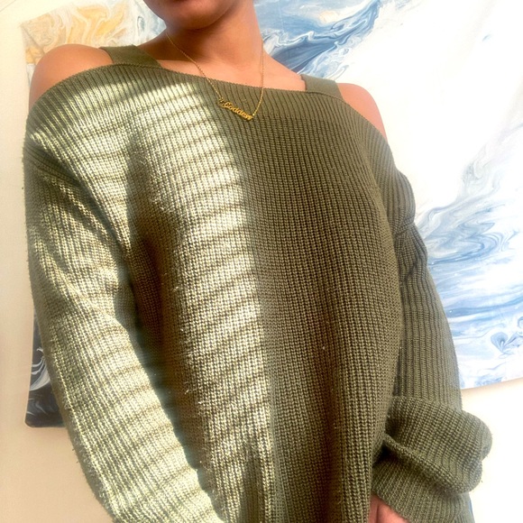 Green Off the Shoulder Sweater - Picture 2 of 2